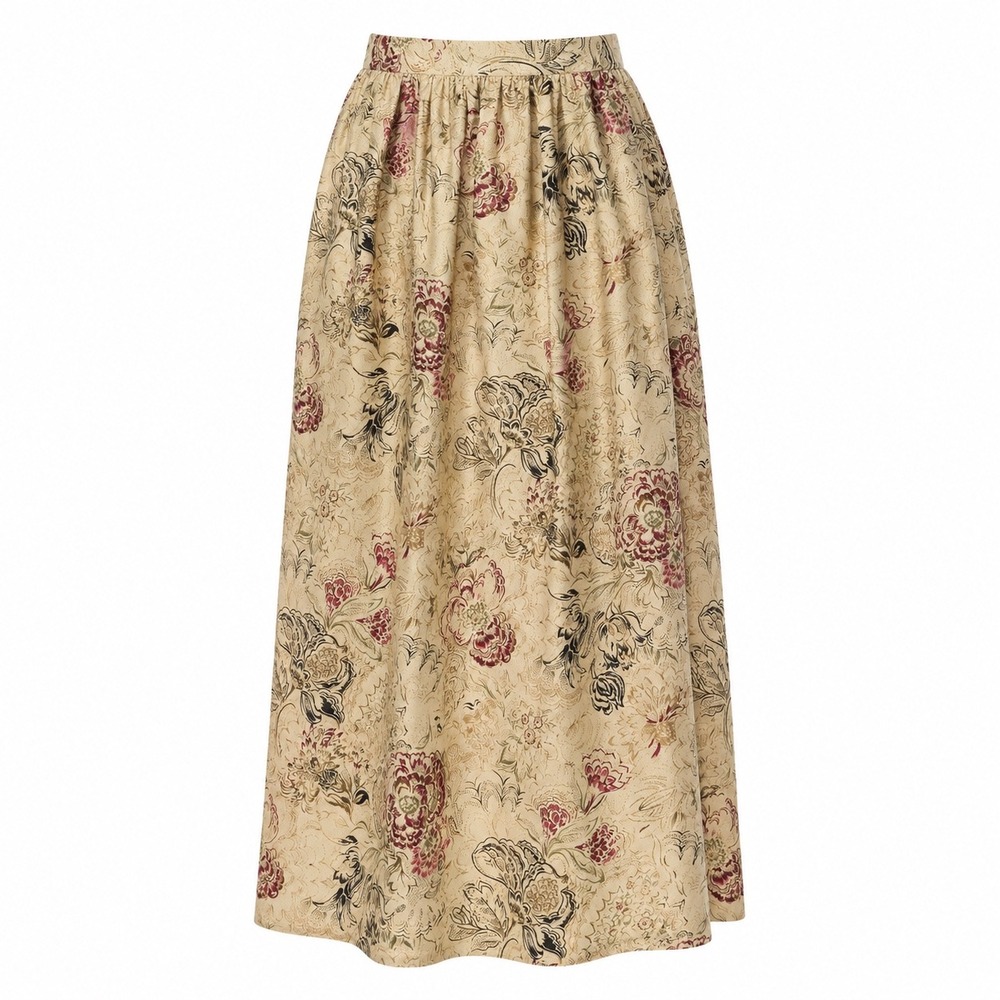 Vintage 100 Silk Cream Floral Print Pleated Top Old Money Equestrian Midi Skirt